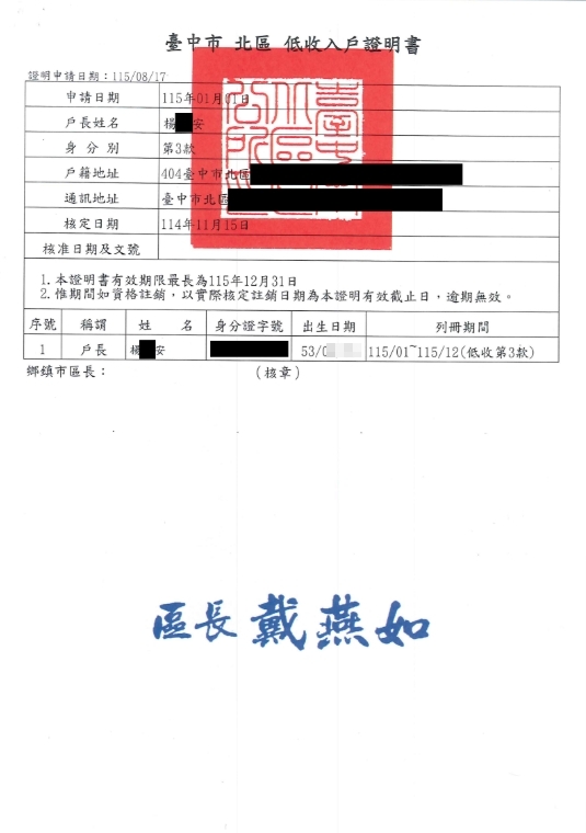 【11507280】低收入家庭遭逢重大疾病，及時援助